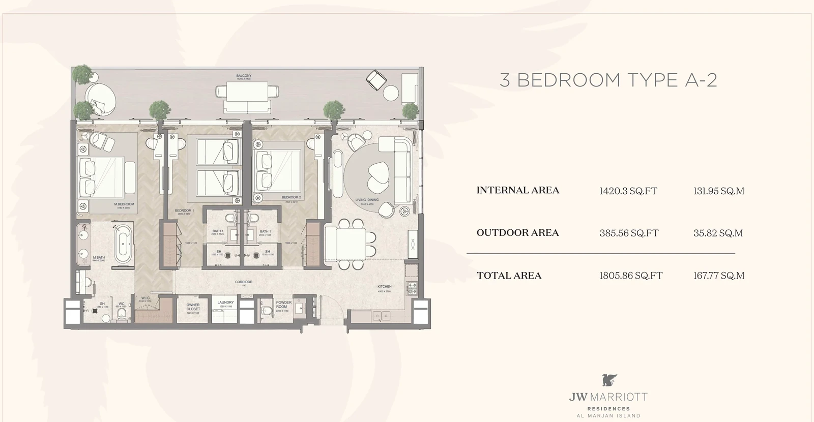 JW Marriott Residences 3-bedroom Type A-2 apartment floor plan, 1,805.86 sq ft