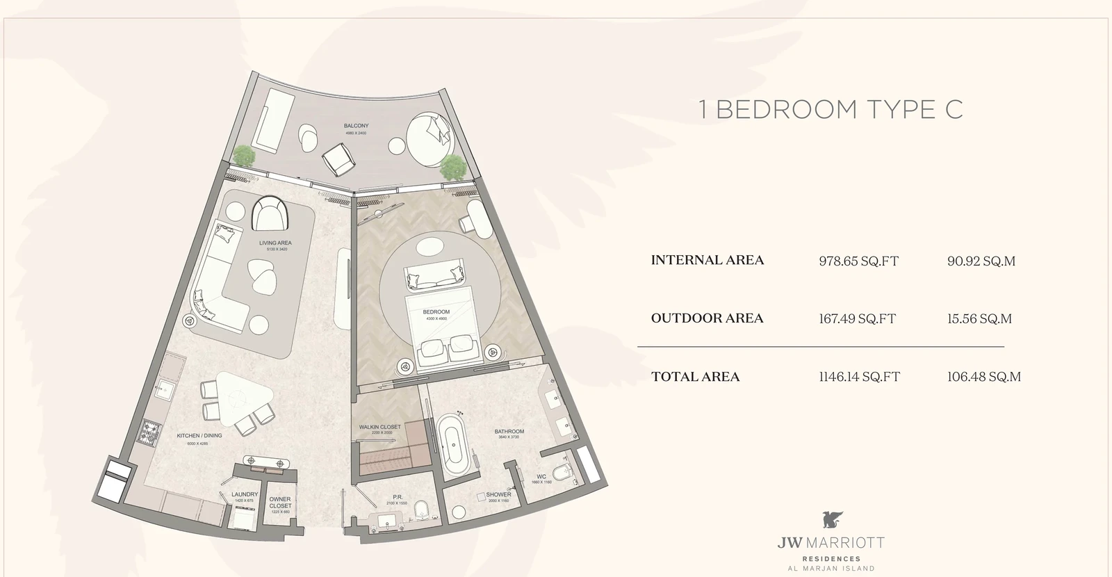 JW Marriott Residences 1-bedroom Type C apartment floor plan, 1,146.14 sq ft