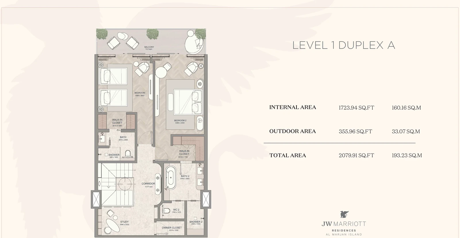 JW Marriott Residences 3-bedroom Type A duplex Level 1 floor plan, 2,079.91 sq ft