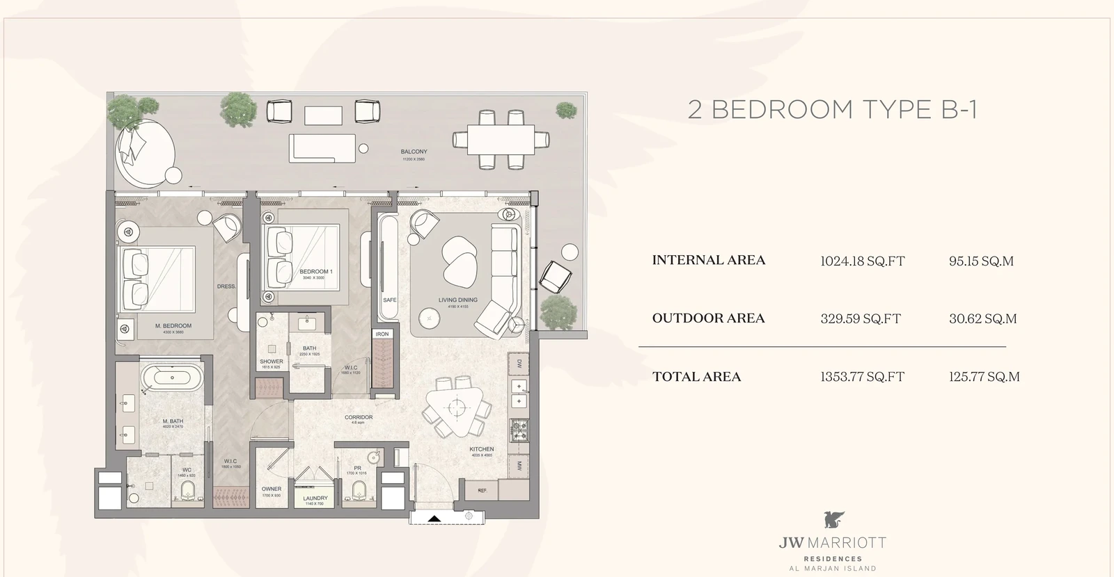 JW Marriott Residences 2-bedroom Type B-1 apartment floor plan, 1,353.77 sq ft