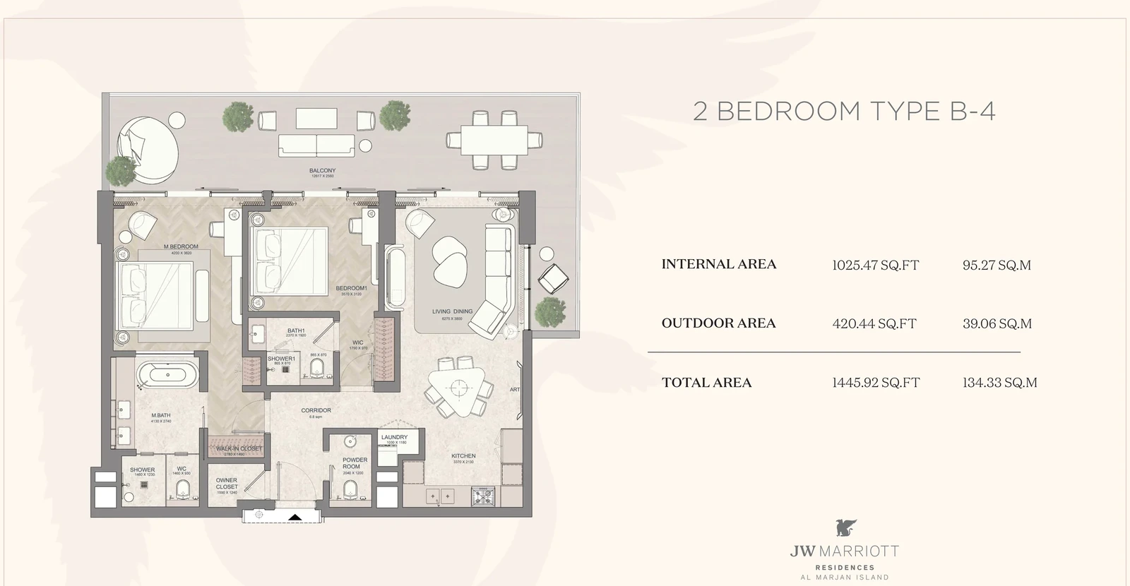 JW Marriott Residences 2-bedroom Type B-4 apartment floor plan, 1,445.92 sq ft