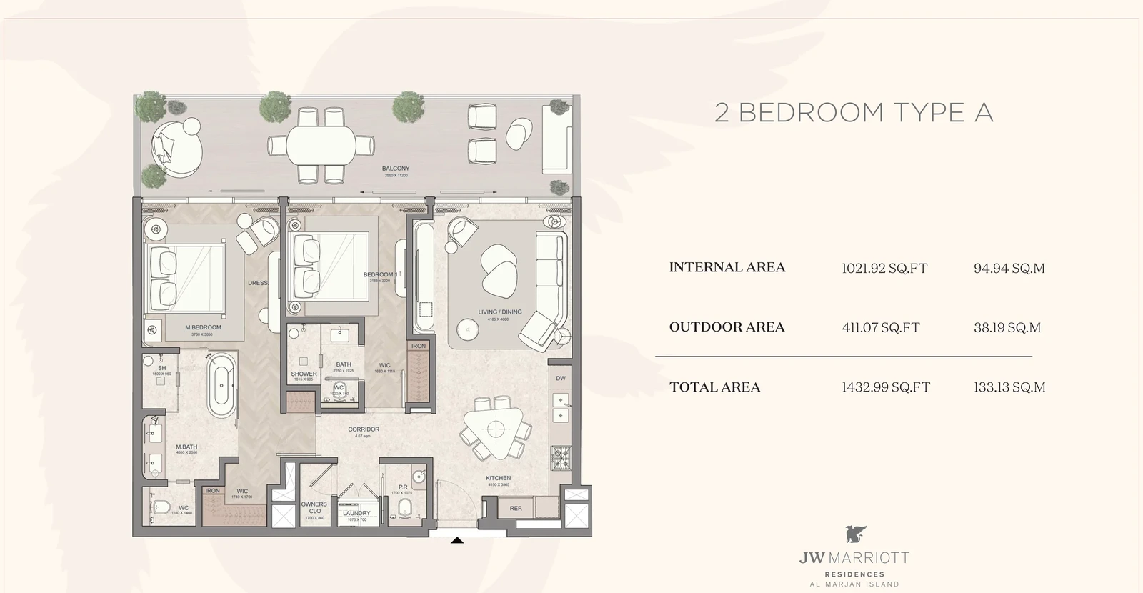 JW Marriott Residences 2-bedroom Type A apartment floor plan, 1,432.99 sq ft