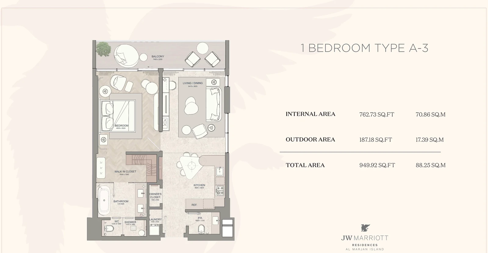 JW Marriott Residences 1-bedroom Type A-3 apartment floor plan, 949.92 sq ft