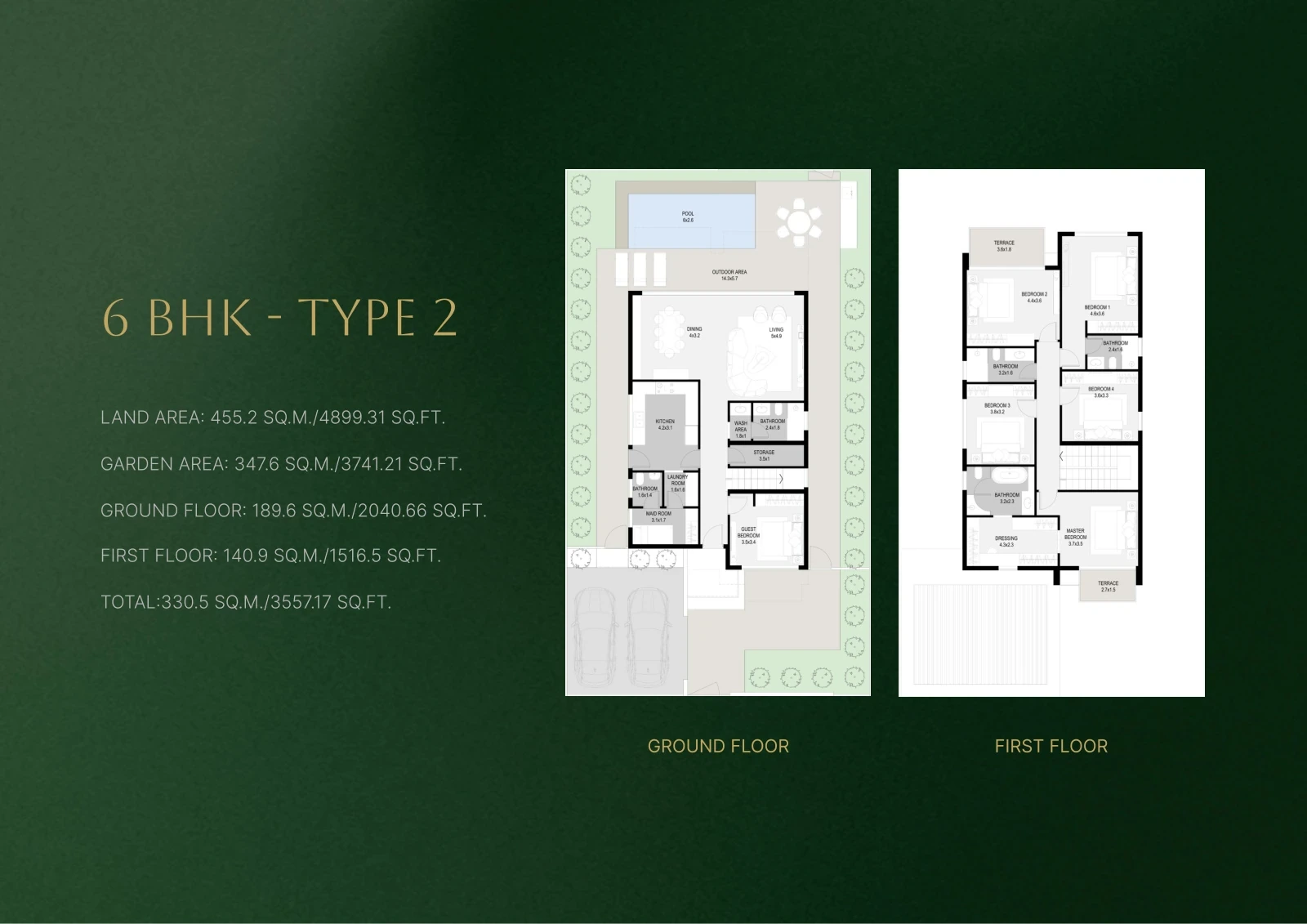 Sukoon by Sanzen 6-bedroom Type 2 villa floor plan showing ground and first floors, 3,557.17 sq ft