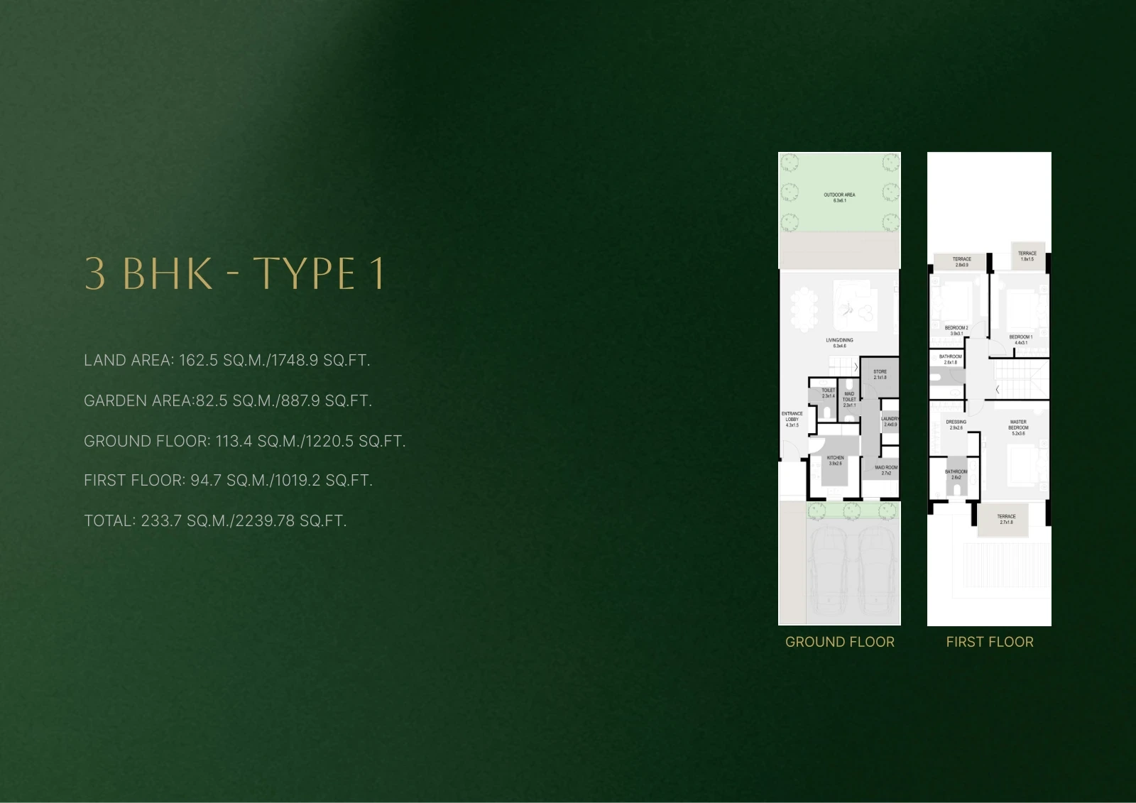 Sukoon by Sanzen 3-bedroom Type 1 villa floor plan showing ground and first floors, 2,239.78 sq ft