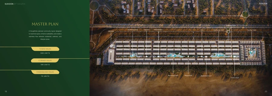 Sukoon by Sanzen master plan showing town, corner and standalone villa zones with lagoons, parks and community amenities