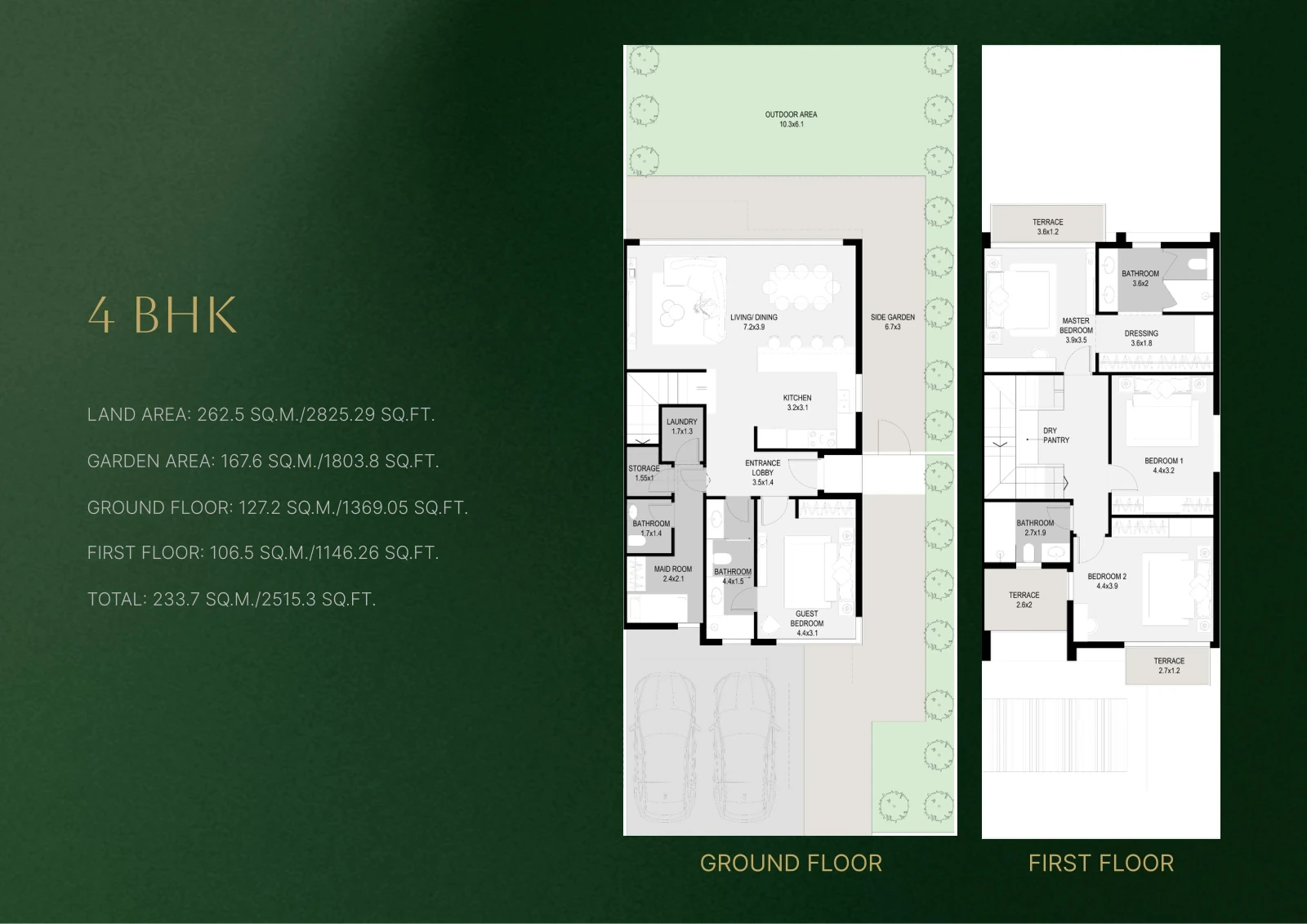 Sukoon by Sanzen 4-bedroom villa floor plan showing ground and first floors, 2,515.30 sq ft