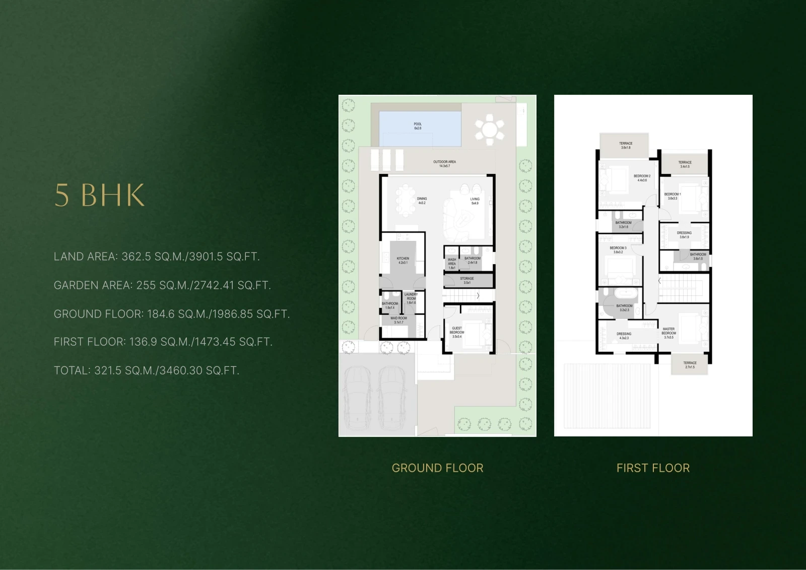 Sukoon by Sanzen 5-bedroom villa floor plan showing ground and first floors, 3,460.30 sq ft