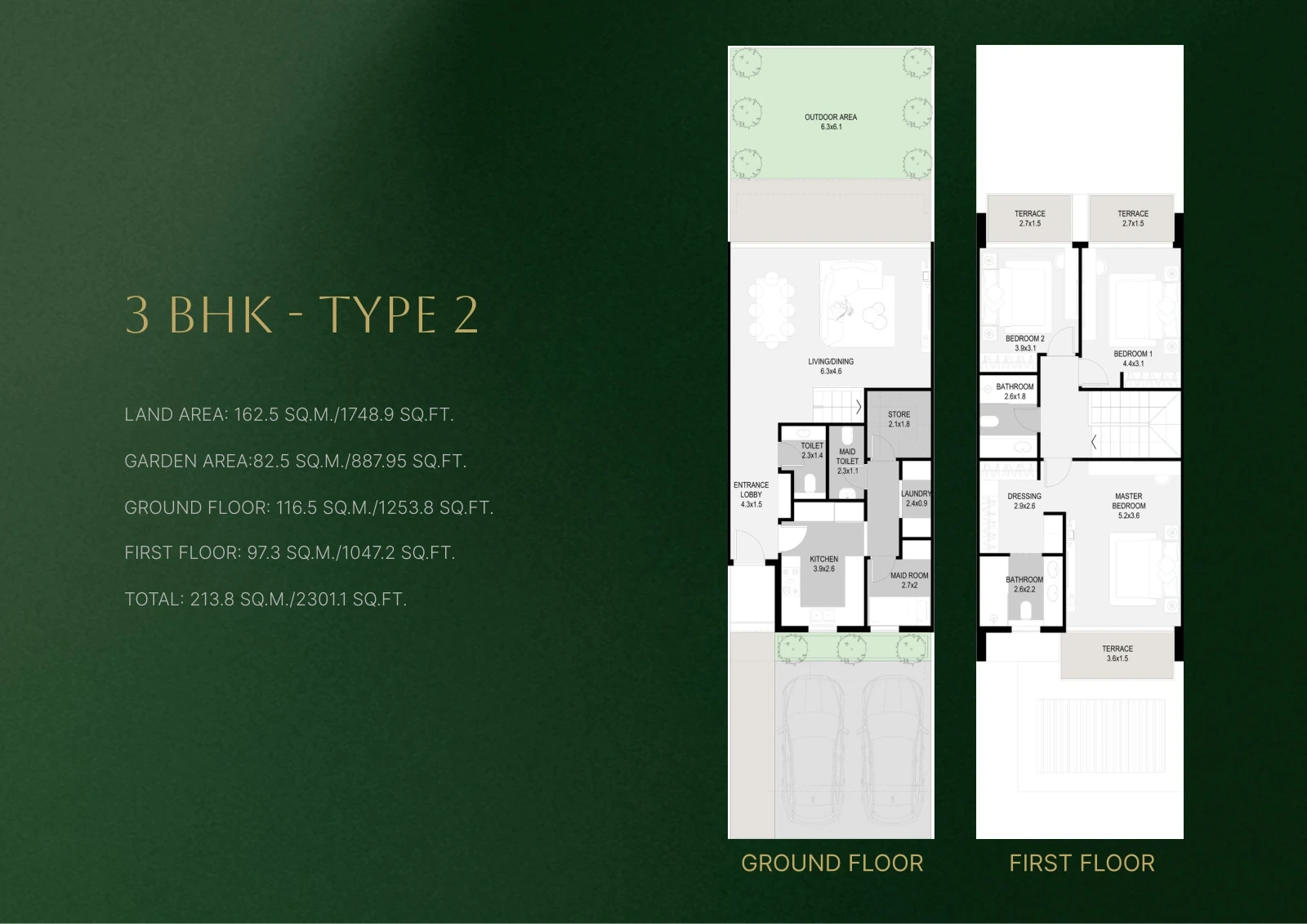 Sukoon by Sanzen 3-bedroom Type 2 villa floor plan showing ground and first floors, 2,301.10 sq ft