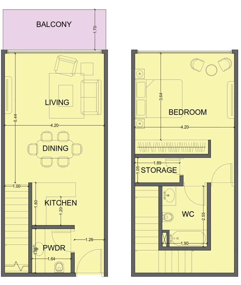 One Residence 1-bedroom Type 1 duplex floor plan in One Residence, 968 sq ft