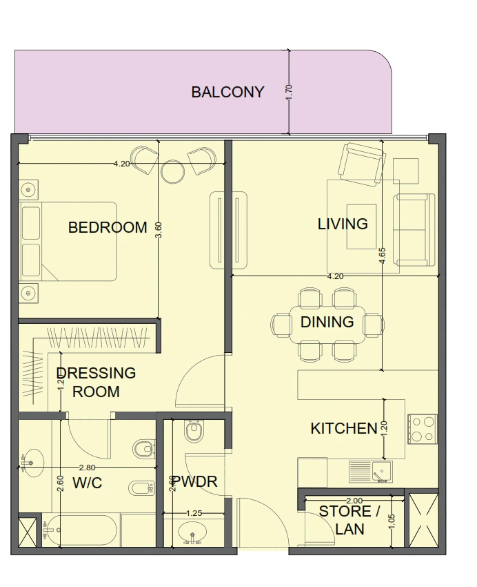 One Residence 1-bedroom Simplex Type 1 apartment floor plan in One Residence, 875 sq ft