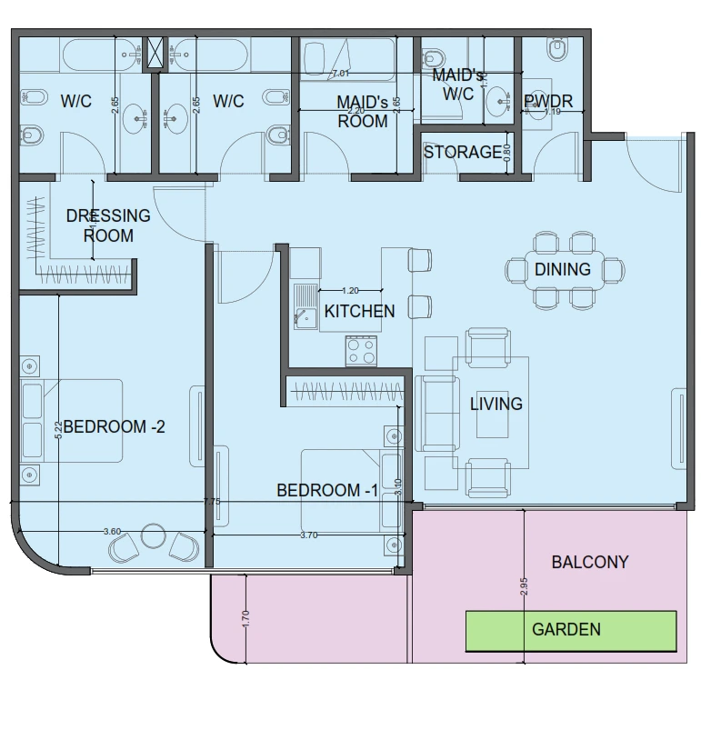 One Residence 2-bedroom Simplex Type 2 apartment floor plan in One Residence, 1,371 sq ft