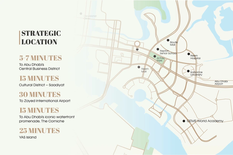 One Residence Al Reem Island location map showing nearby schools, hospitals, shopping and drive times across Abu Dhabi