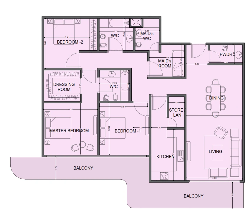 One Residence 3-bedroom Simplex Type 1 apartment floor plan in One Residence, 1,926 sq ft