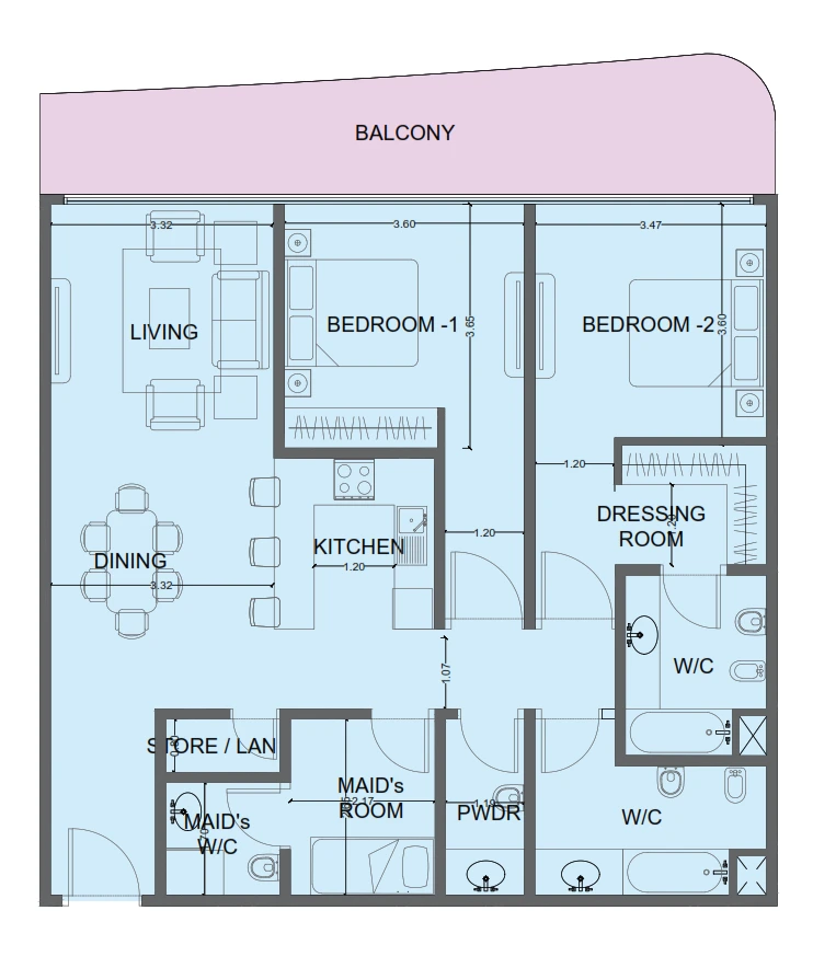 One Residence 2-bedroom Simplex Type 3 apartment floor plan in One Residence, 1,371 sq ft