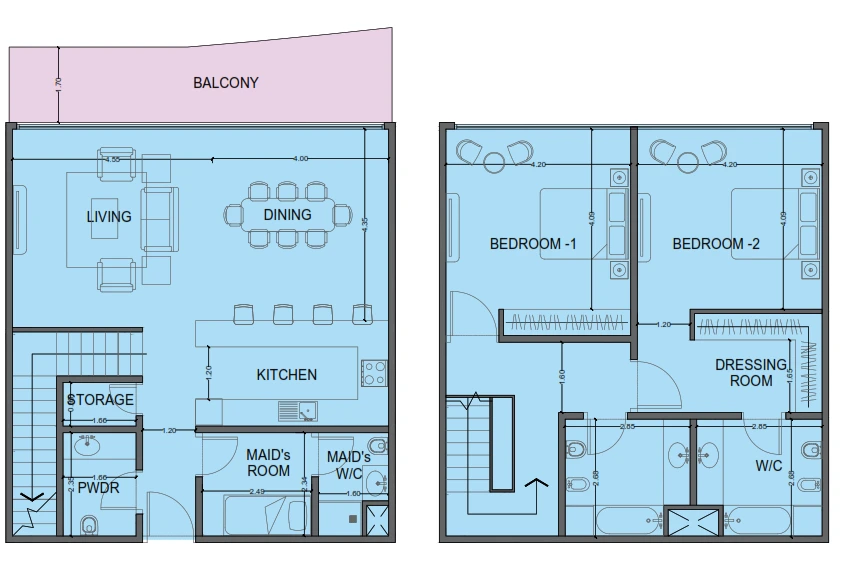 One Residence 2-bedroom Type 1 duplex floor plan in One Residence, 1,935 sq ft