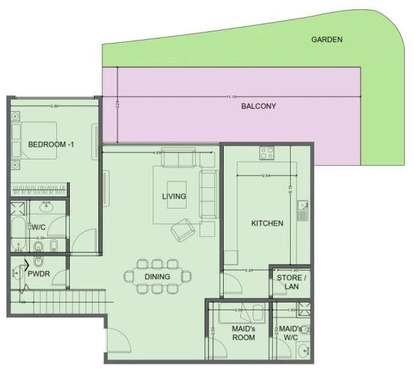 One Residence 4-bedroom Type 1 duplex lower-floor plan in One Residence, 3,196 sq ft