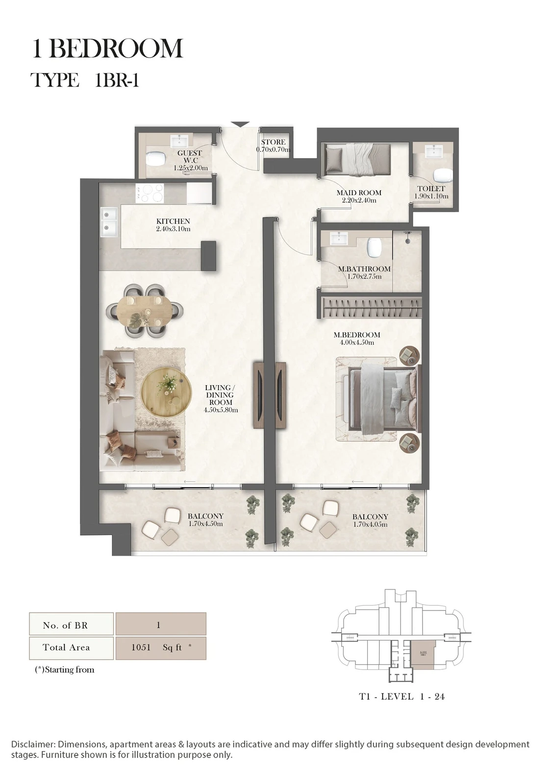 Radisson Residences 1-bedroom Type 1 apartment floor plan, 1,051 sq ft