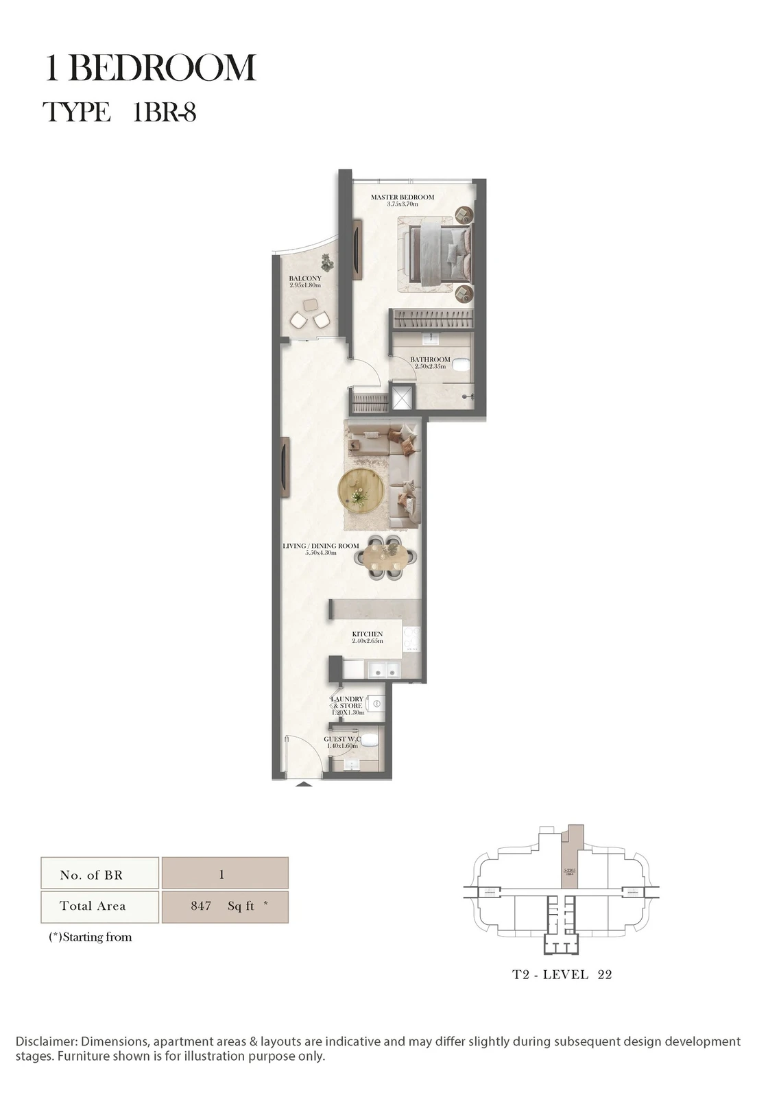 Radisson Residences 1-bedroom Type 8 apartment floor plan, 847 sq ft