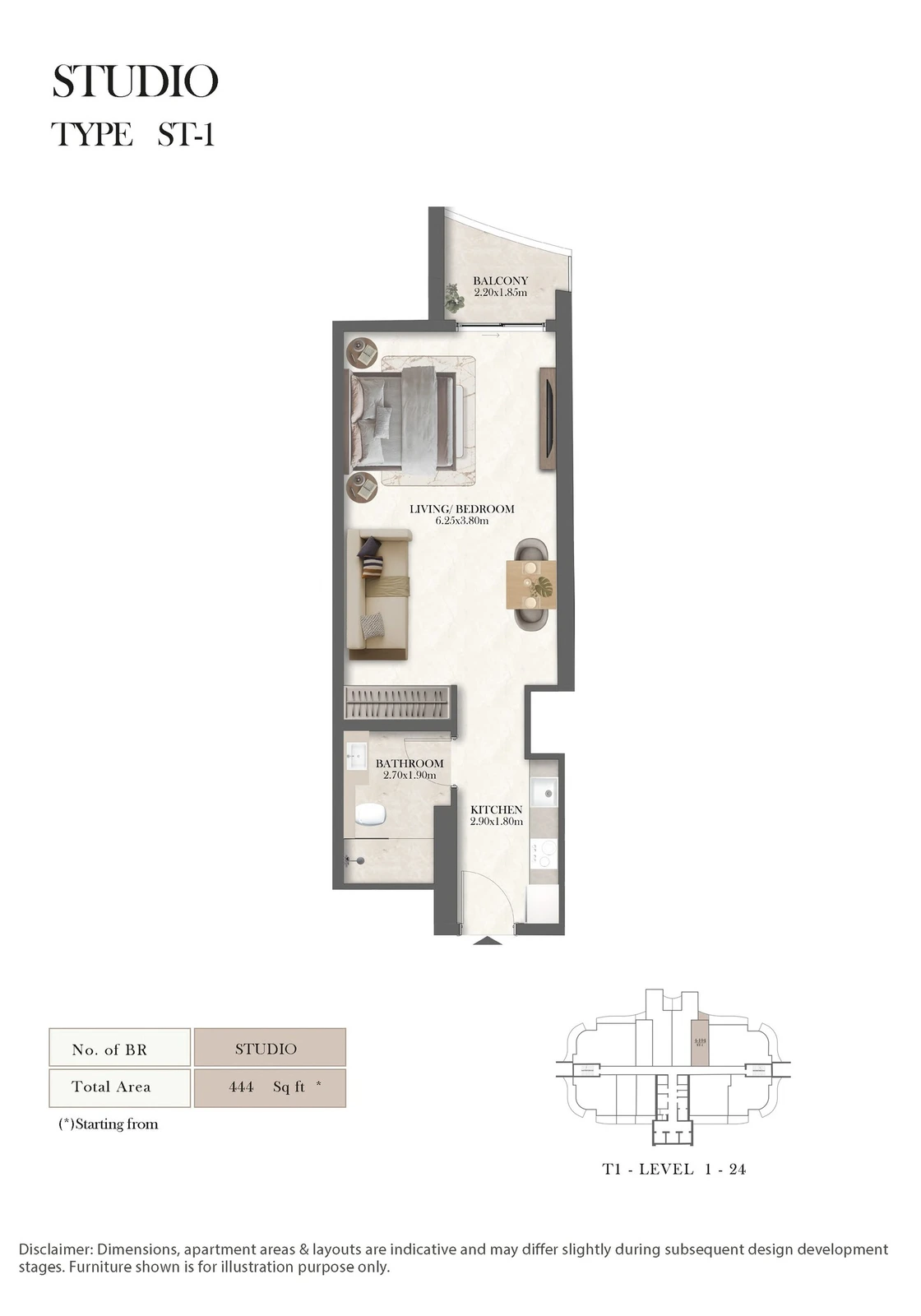 Radisson Residences studio Type ST-1 apartment floor plan, 444 sq ft