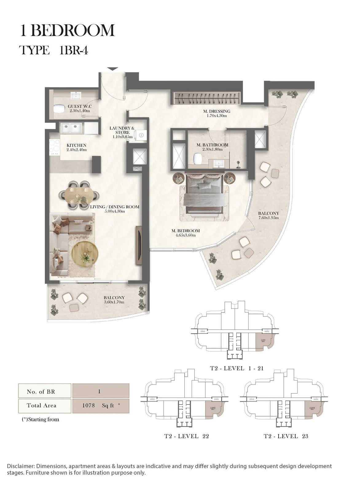 Radisson Residences 1-bedroom Type 4 apartment floor plan, 1,078 sq ft