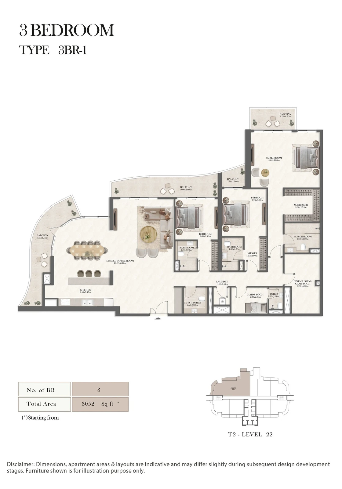 Radisson Residences 3-bedroom Type 1 apartment floor plan, 3,052 sq ft