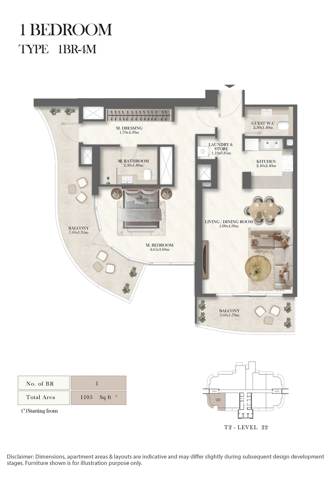 Radisson Residences 1-bedroom Type 4M apartment floor plan, 1,105 sq ft
