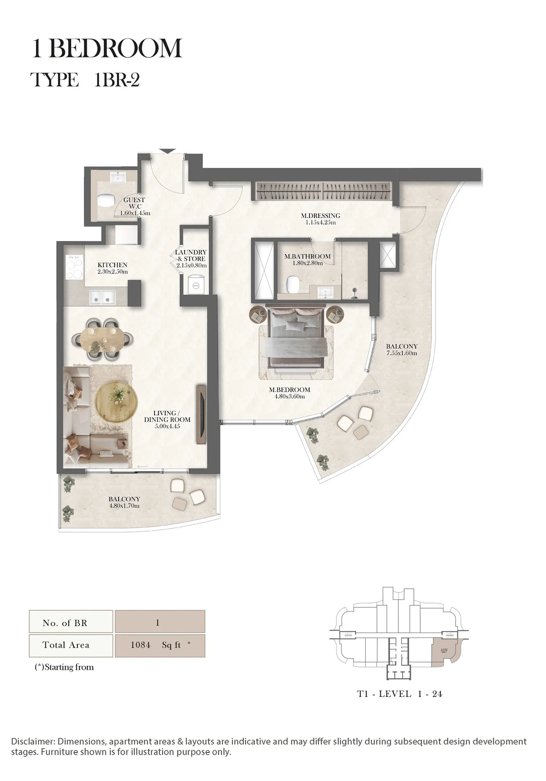 Radisson Residences 1-bedroom Type 2 apartment floor plan, 1,084 sq ft