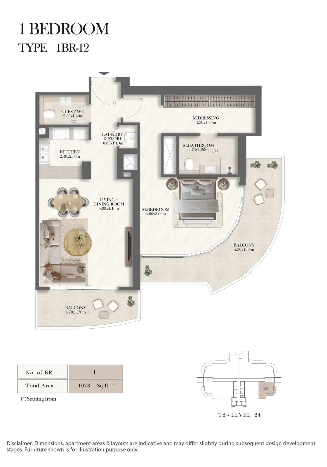 Radisson Residences 1-bedroom Type 12 apartment floor plan, 1,078 sq ft