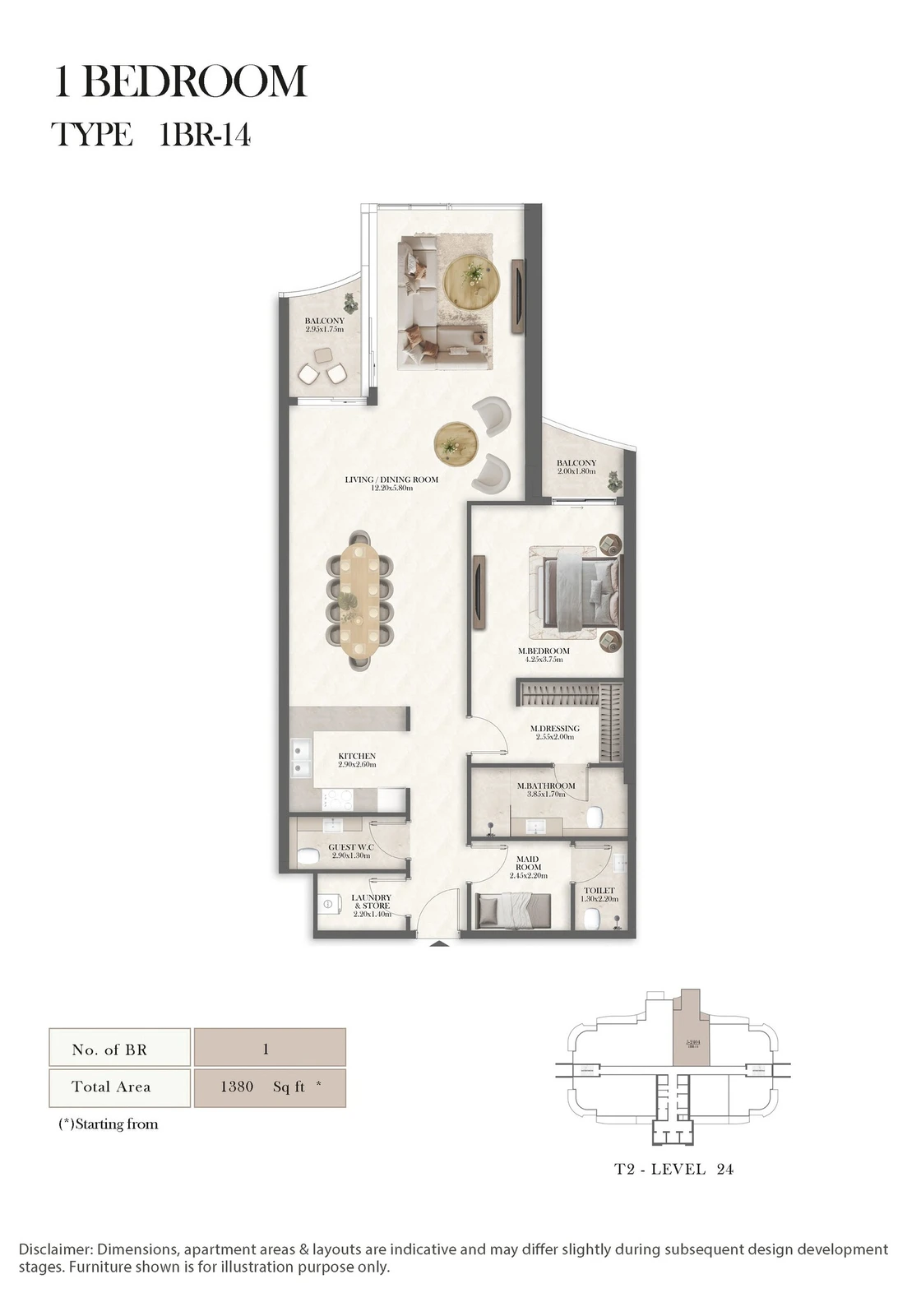 Radisson Residences 1-bedroom Type 14 apartment floor plan, 1,380 sq ft