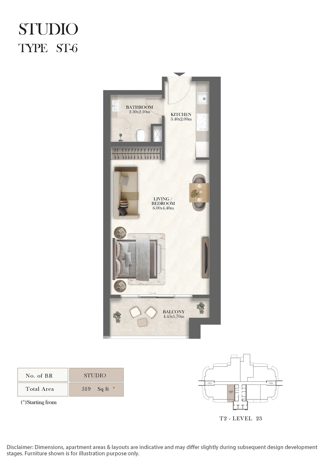 Radisson Residences studio Type ST-6 apartment floor plan, 519 sq ft