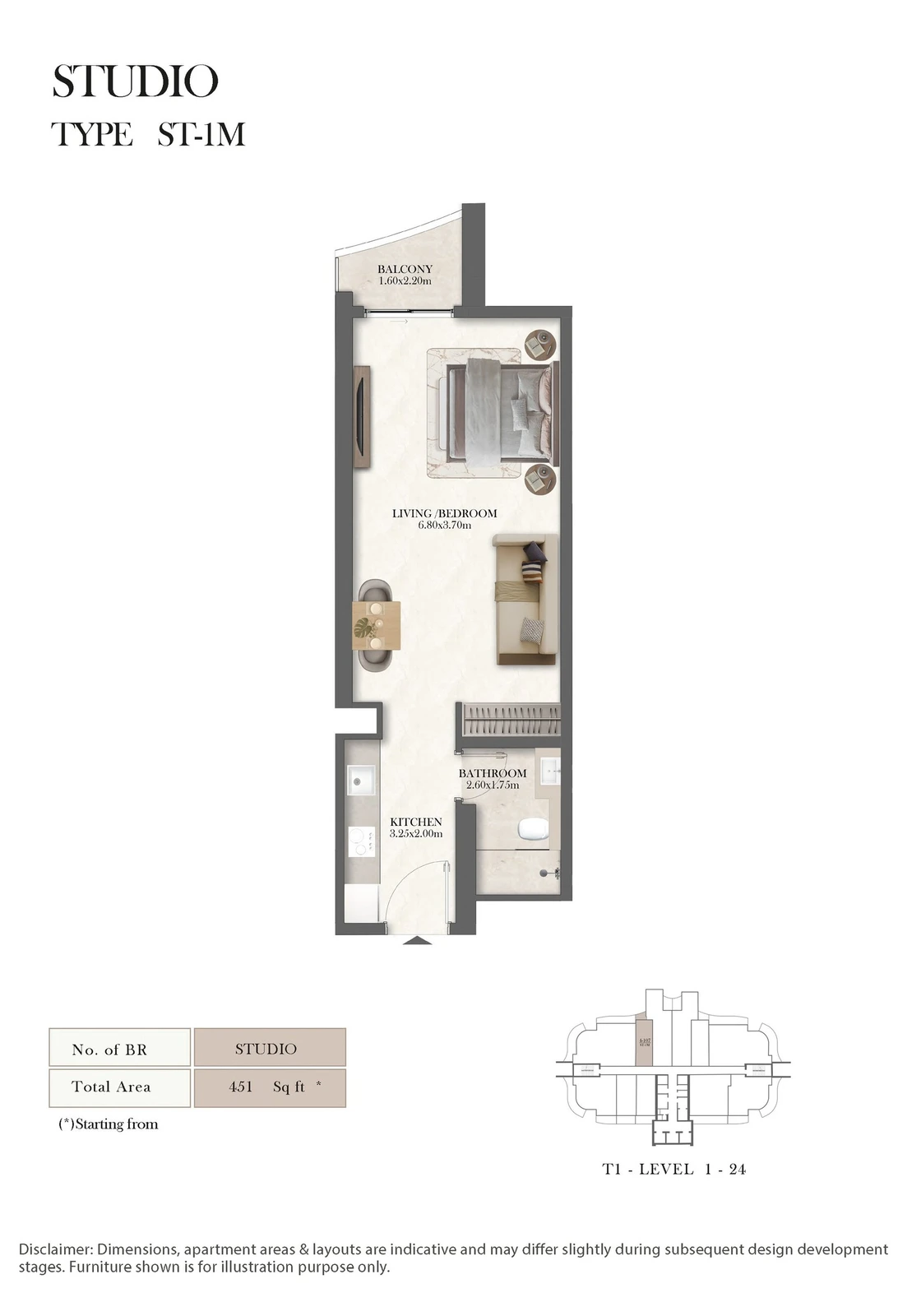 Radisson Residences studio Type ST-1M apartment floor plan, 451 sq ft