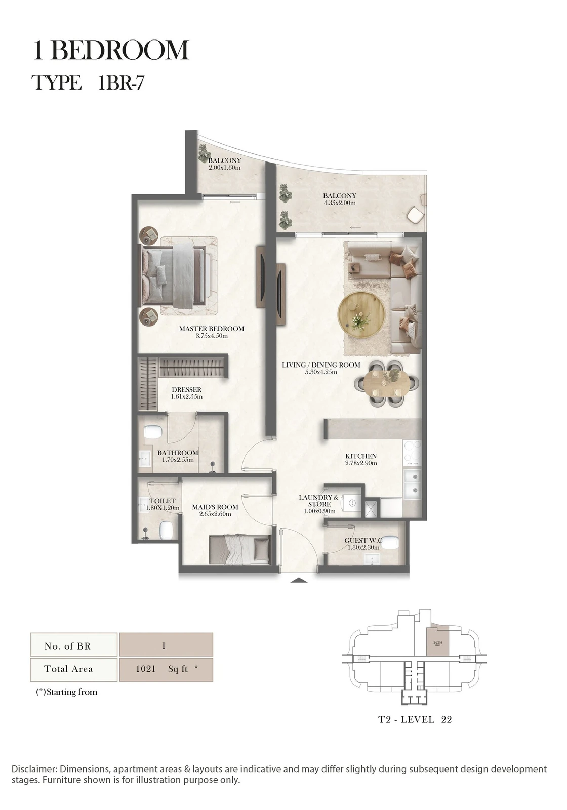 Radisson Residences 1-bedroom Type 7 apartment floor plan, 1,021 sq ft
