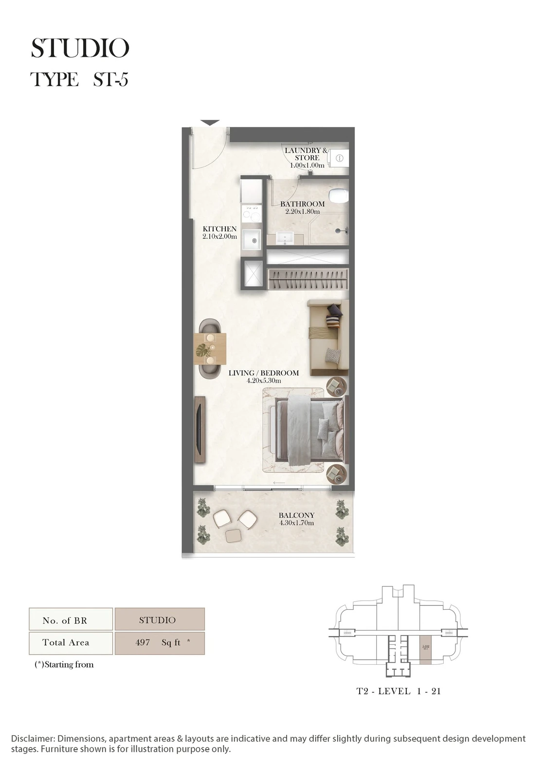 Radisson Residences studio Type ST-5 apartment floor plan, 497 sq ft