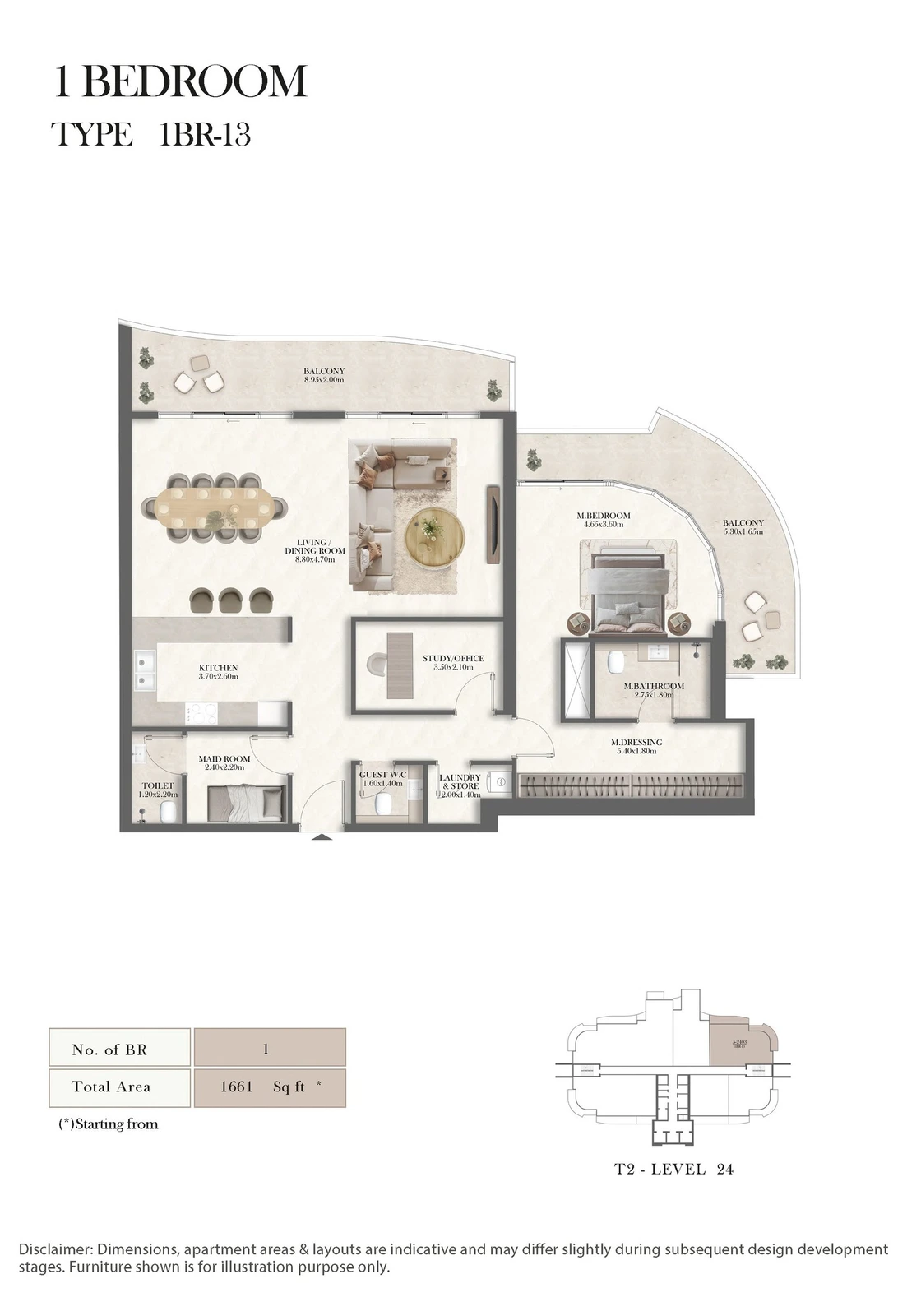 Radisson Residences 1-bedroom Type 13 apartment floor plan, 1,661 sq ft