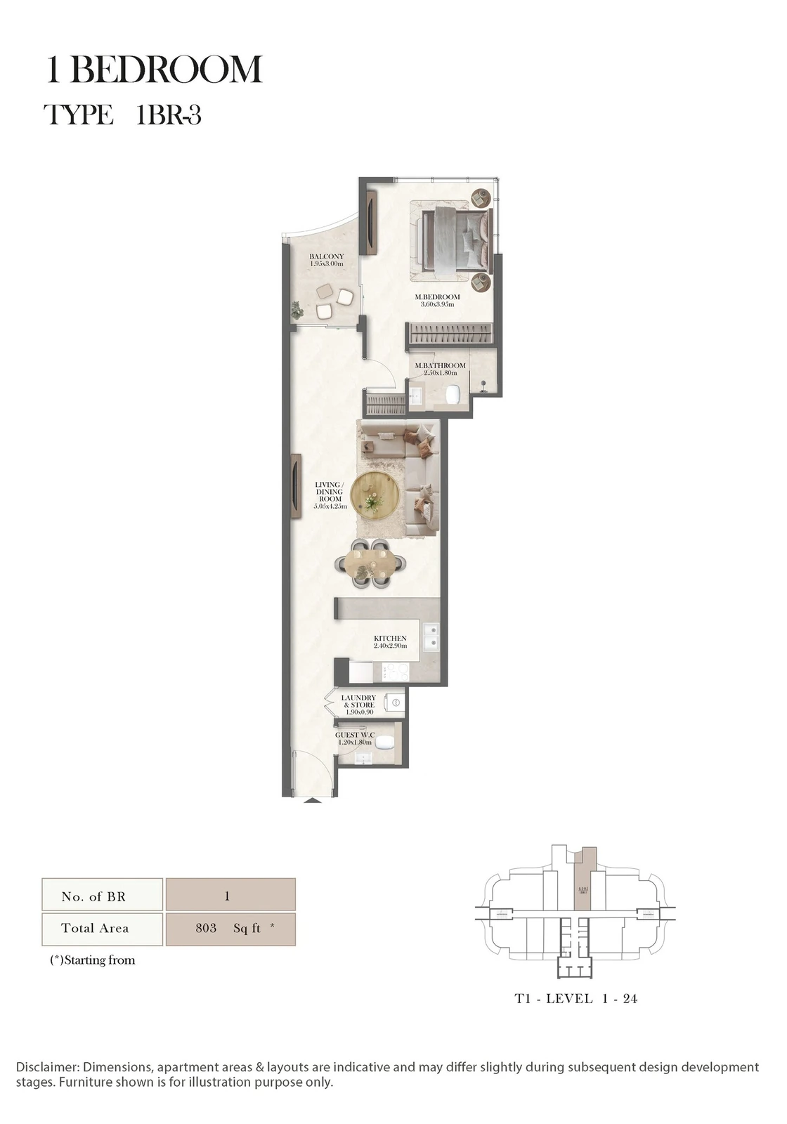 Radisson Residences 1-bedroom Type 3 apartment floor plan, 803 sq ft
