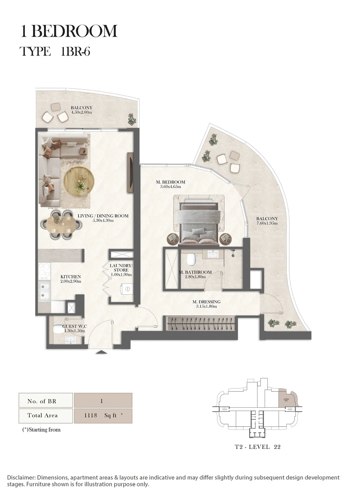 Radisson Residences 1-bedroom Type 6 apartment floor plan, 1,118 sq ft