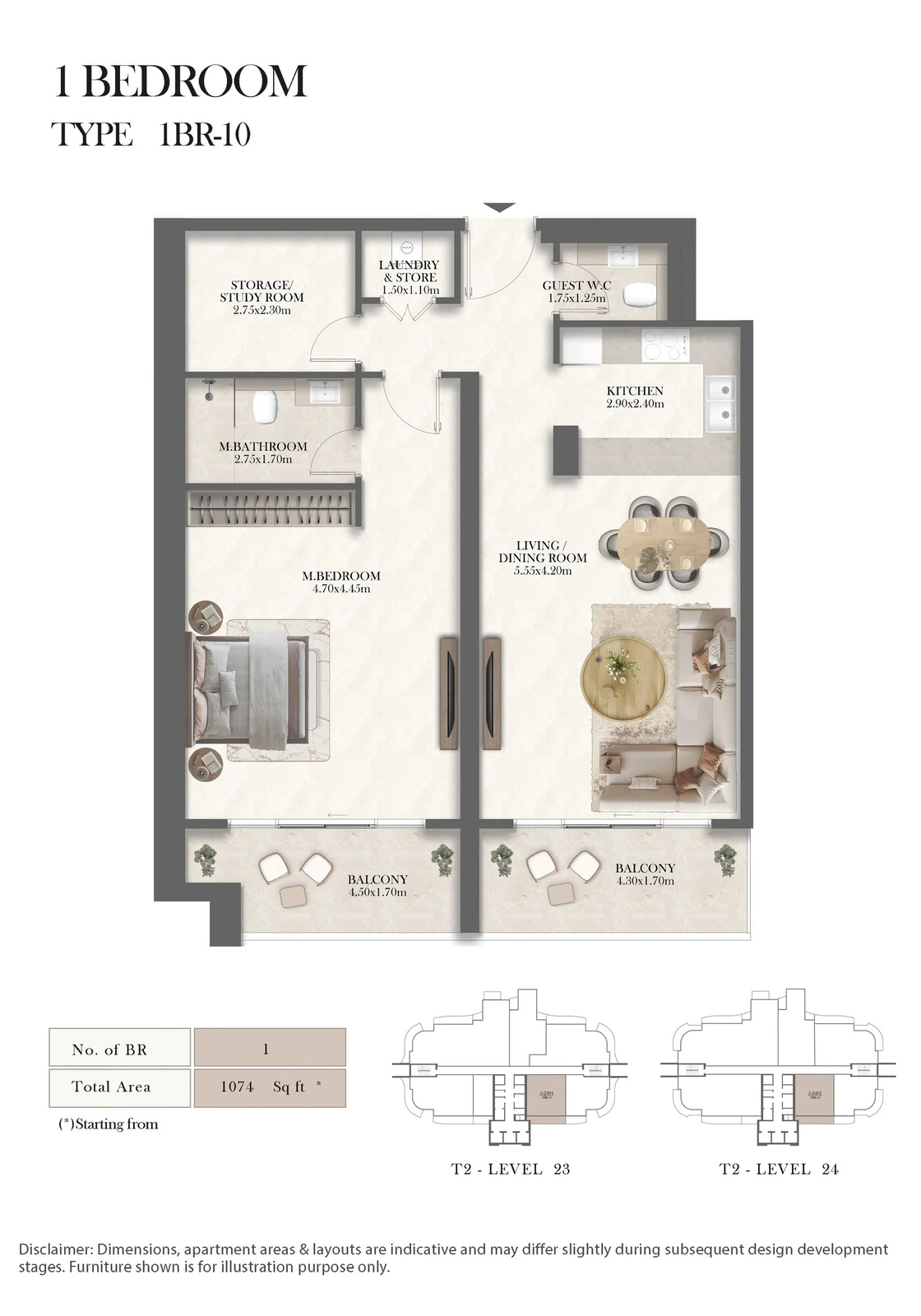Radisson Residences 1-bedroom Type 10 apartment floor plan, 1,074 sq ft