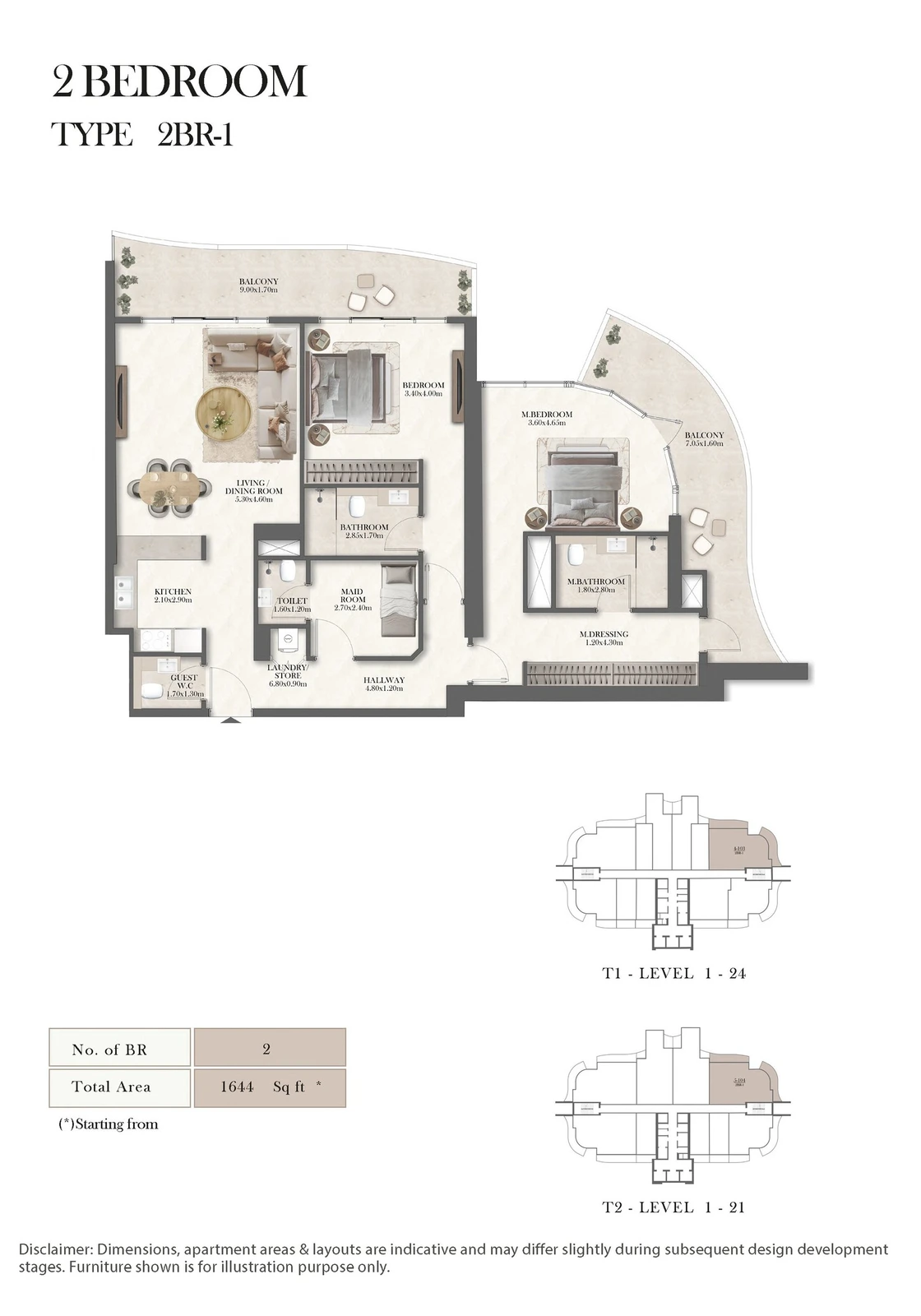 Radisson Residences 2-bedroom Type 1 apartment floor plan, 1,644 sq ft