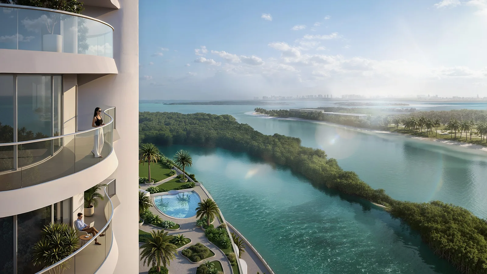 Curved balconies at Radisson Residences overlooking the Al Reem Island waterfront and mangroves