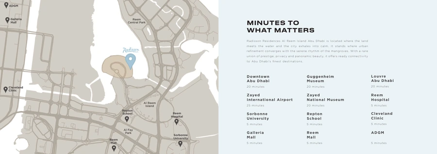 Location map for Radisson Residences on Al Reem Island with nearby Abu Dhabi destinations and travel times