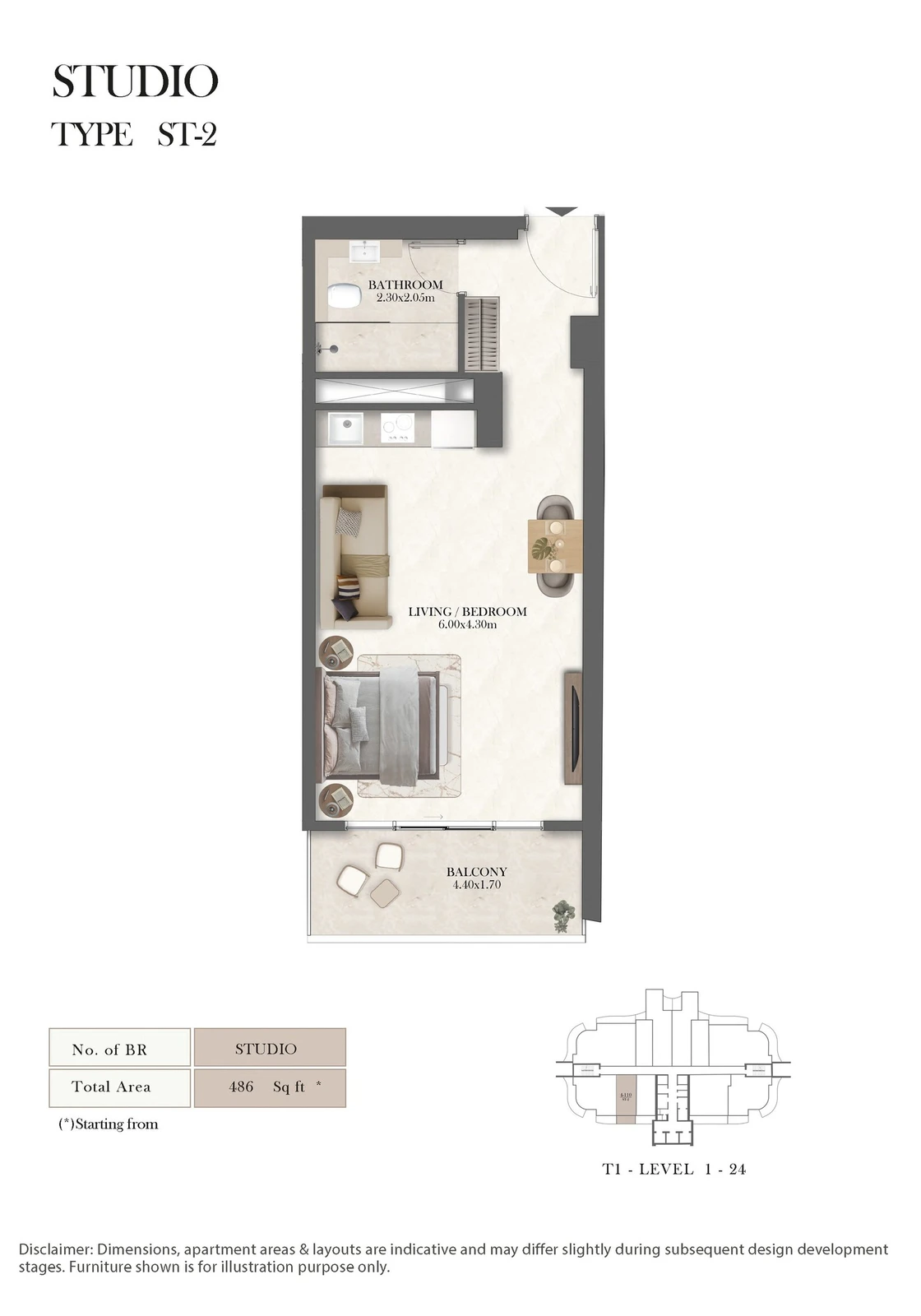 Radisson Residences studio Type ST-2 apartment floor plan, 486 sq ft