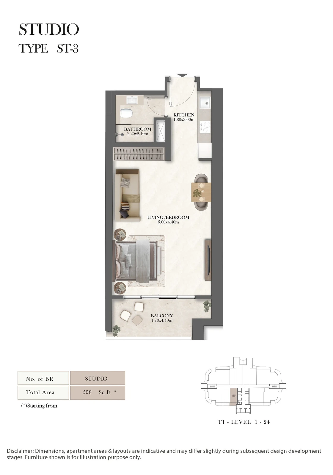 Radisson Residences studio Type ST-3 apartment floor plan, 508 sq ft