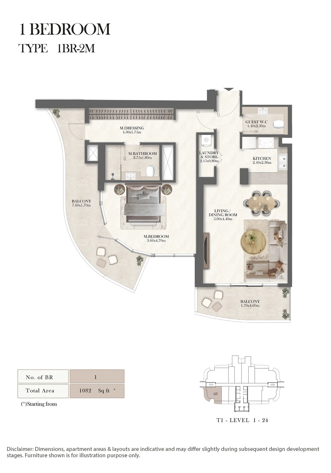 Radisson Residences 1-bedroom Type 2M apartment floor plan, 1,082 sq ft