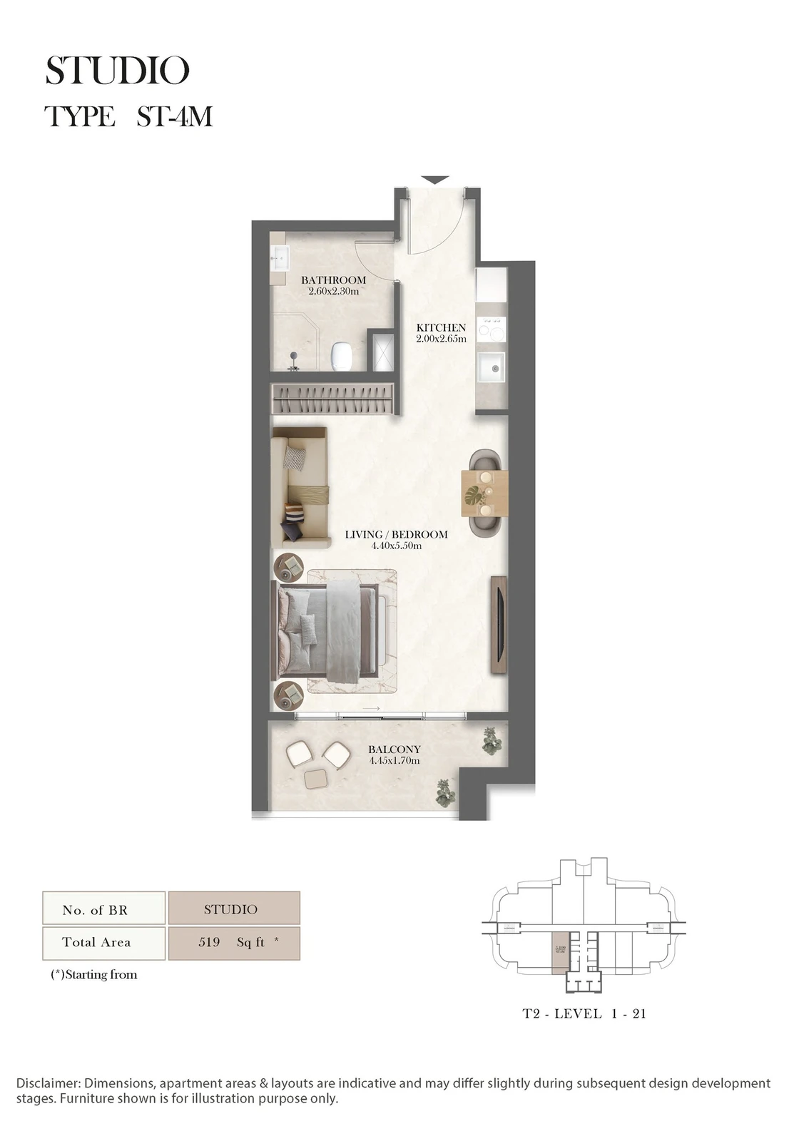 Radisson Residences studio Type ST-4 apartment floor plan, 518 sq ft