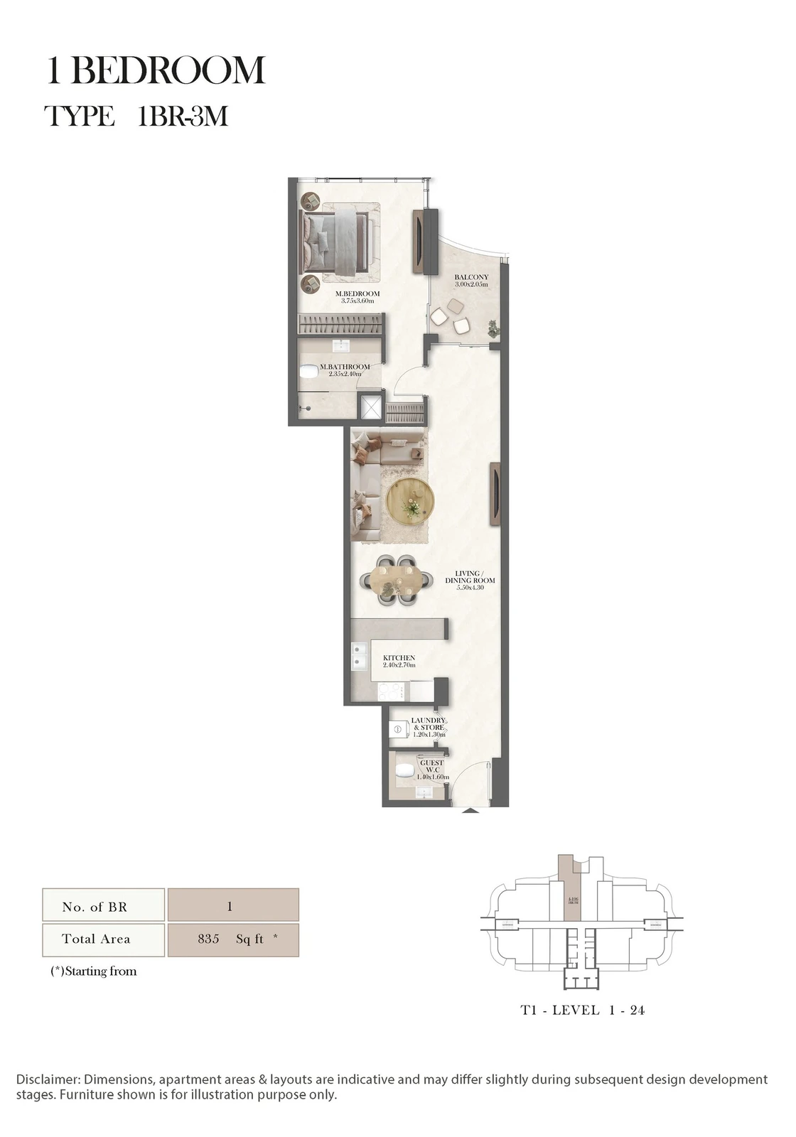 Radisson Residences 1-bedroom Type 3M apartment floor plan, 835 sq ft