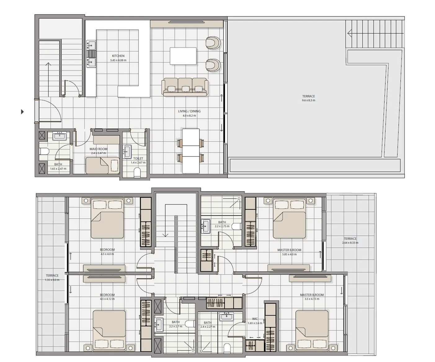The Icon Tower 4-bedroom townhouse floor plan showing ground and first floors, 3,196 sq ft