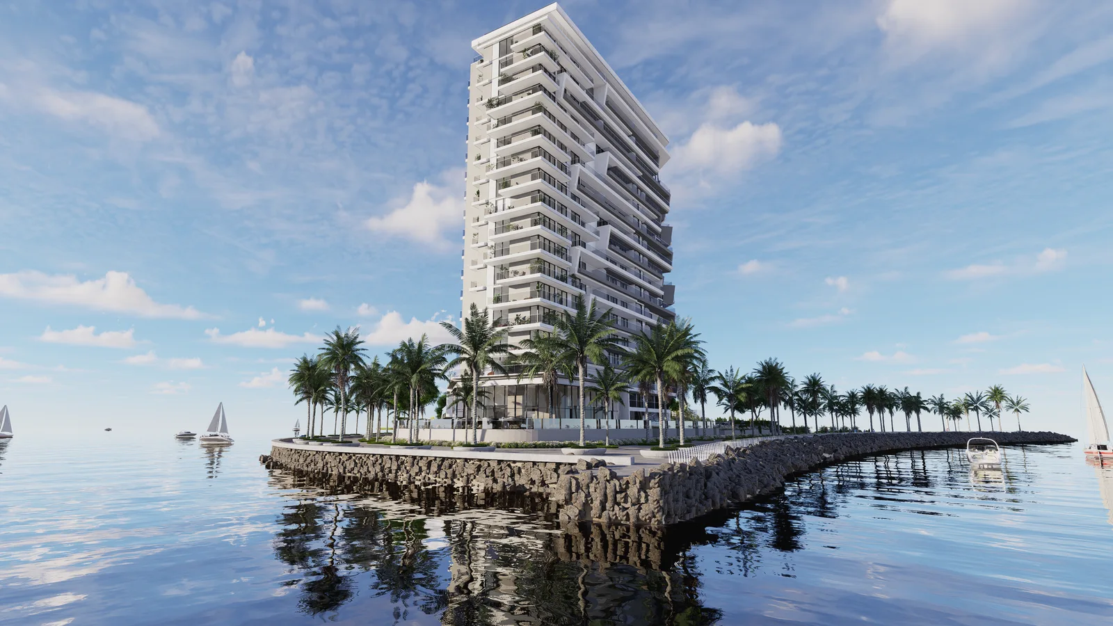 The Icon Tower rising from its waterfront promenade in Yas Bay