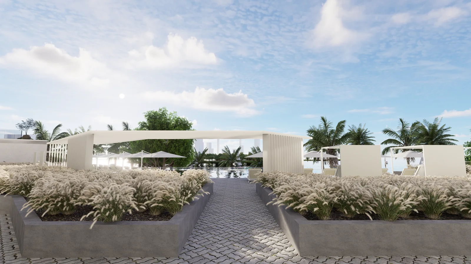 Landscaped pool terrace and cabanas at The Icon Tower