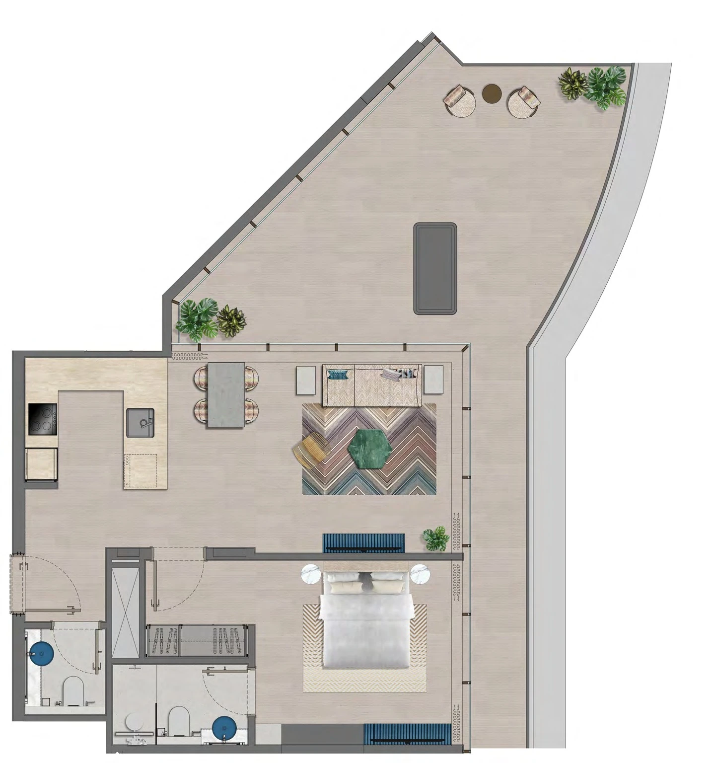 Trio Isle Queen B 1-bedroom Type 2B apartment floor plan, 1,069 sq ft